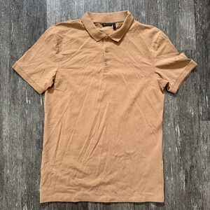 ASOS DESIGN Men's Camel Brown Cotton Polo Shirt XL Button Neck Short Sleeve
